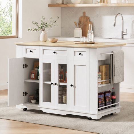 Îlot de cuisine 151,5x60x91,7 cm en MDF blanc, avec rangement gain de place pour cuisine FloraGrace (1/5)