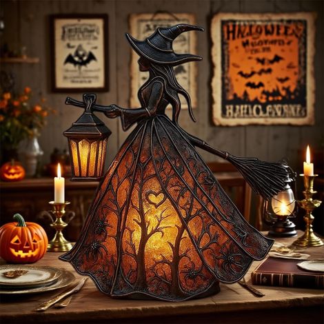 Décoration Halloween Lampe Sorcière Gothique, Figurine Lumineuse avec Éclairage Chaud, Veilleuse Décorative pour Intérieur, Table et Soirée