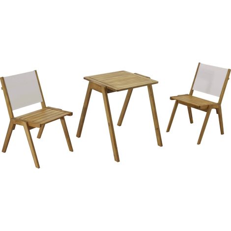 Table de jardin carrée et 2 chaises en bois écru