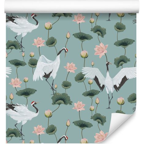 Hermoso papel pintado de grullas y flores para sala de estar y dormitorio, 50x1000 cm. (1/5)