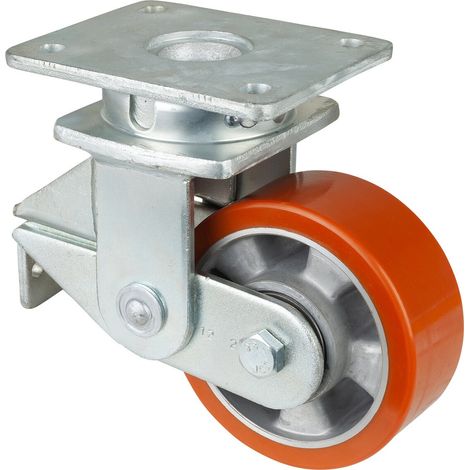 BS Rollen BS gefederte Schwerlastrolle T100, Lenkrolle, Rad-Ø 125 mm, Tragk. 250 kg, Kugellager, Lauffl. Guss-Polyurethan, Radk. Aluminium, Platte 138x110 mm (1/2)