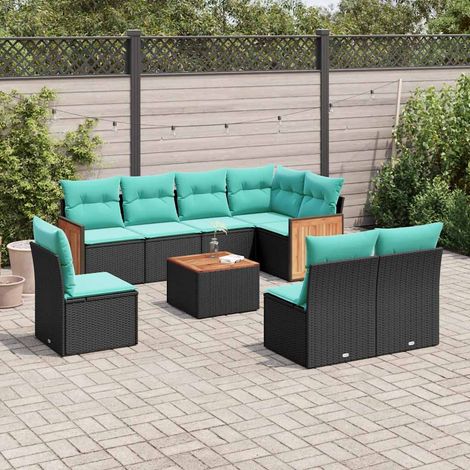 9-teiliges Gartensofa-Set mit Kissen, schwarzes Polyrattan (1/5)