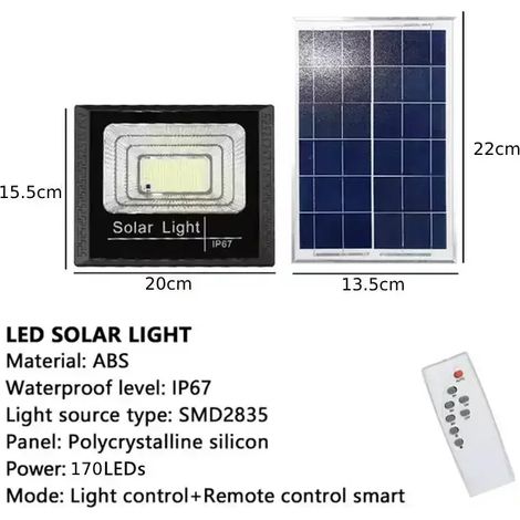 Projecteur solaire extérieur étanche IP67 (200 W - Meilleure vente) avec télécommande, réflecteur solaire et applique murale. (1/5)