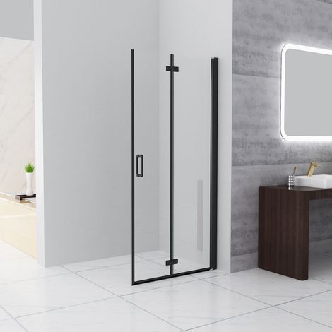 Faltbar Duschwand Walk in Dusche Pendeltüren Duschabtrennung mit Falttür Drehtür Nischentür ESG Sicherheitsglas Duschtrennwand, Schwarz 90 x 185 cm