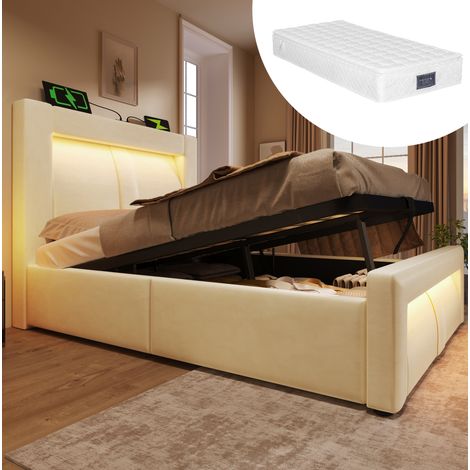 Letto singolo 90x200 cm beige in velluto con contenitore, LED e materasso (1/5)