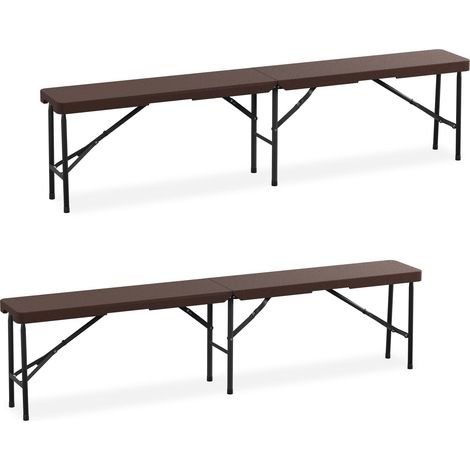 Relaxdays Bierbank 2er Set, klappbar, Kunststoff, Stahl, Campingbank, Balkon & Garten, HxBxT: 43 x 180 x 25 cm, braun