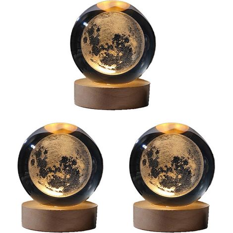 3X Veilleuse Couleur Cristal avec Boule de Cristal Sculptée à L'Intérieur, Ornement Lumineux, Cadeau Étoilé avec Base en Bois, Lune (1/4)