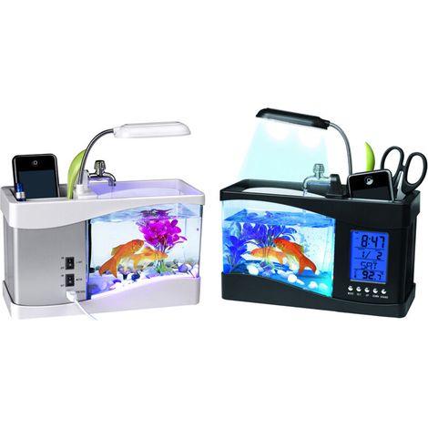 Aquarium Mini Multifonction USB avec LED Horloge LCD Boîte Stockage pour Clés Plantes - Acrylique 24cm Illumination Colorée