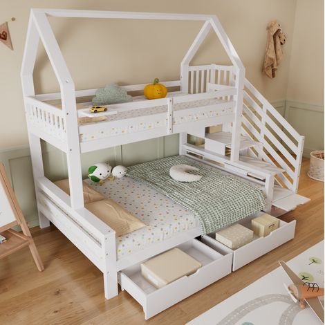 Litera infantil 90x200/140x200 cm blanca de pino, MDF y contrachapado con cajones (1/4)
