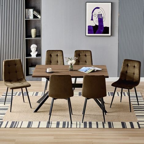 Table à manger - WAFTING - 140x80 cm - 6 chaises - Velours marron - Table aspect bois (1/5)