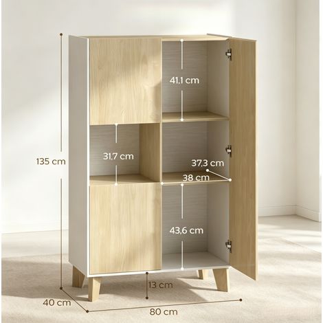 Buffet 80x40x135 cm aus MDF und Spanplatte, Weiß/Hell-Eiche, platzsparend – MEUBLIV (1/5)