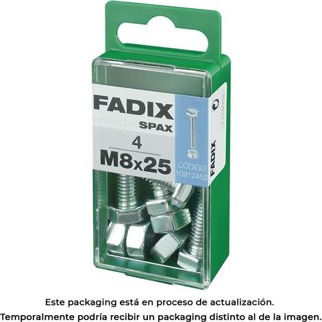 Caja de 4 unidades de tornillo métrico con cabeza hexagonal y tuerca en cinc M 8x25mm Fadix (1/3)