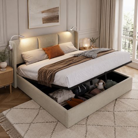 Lit coffre 160×200 cm, lampe de chevet et port USB, lit double, rangement hydraulique, grande capacité, cadre de lit 160×200, style moderne, sommier à lattes, lit adultes, lit ados, Lin, Beige (1/5)