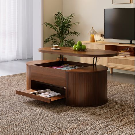 Tavolino da caffè 110x55.5x40 cm, altezza regolabile, piano sollevabile, ripiano estraibile, MDF, noce naturale (1/5)