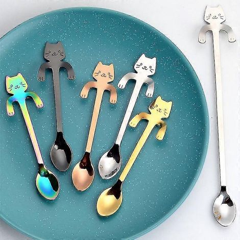Cuillère en acier Less Steel Spoon Ly Cute Cat S Teascull, cuillère à dessert, mini-cuillères à glace, kit de vaisselle, outils (1/2)