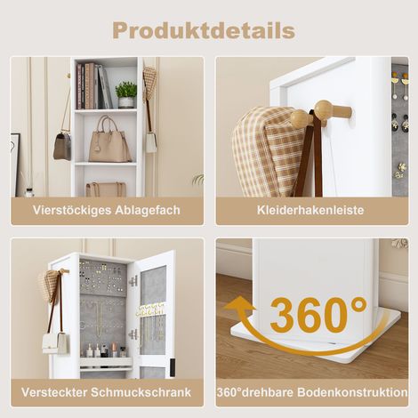 Armoire miroir pivotante 360° 4-en-1, miroir pleine hauteur avec rangement bijoux, étagère à livres et porte-manteaux, meuble multifonction gain de place en MDF pour chambre, blanc. (1/5)