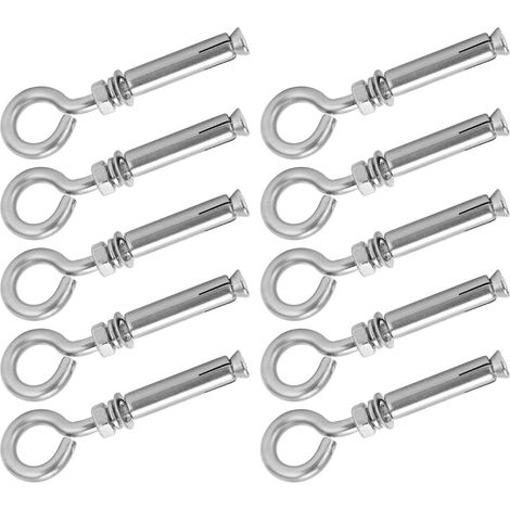 Lot de 10 vis d'expansion avec crochet fermé, en acier inoxydable 304 argenté, M8 x 60 mm, pour murs en béton.
