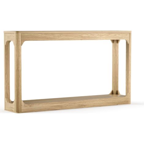 Table d'appoint en bois naturel 140 cm avec étagères ouvertes, design minimaliste pour salon et entrée (1/5)