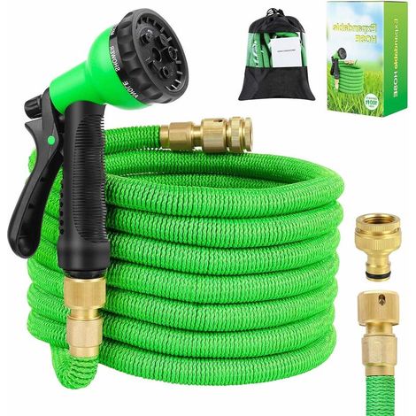 Tuyau d'arrosage en polyester extensible, 8 jets différents, composé de 3 couches de latex, connecteurs en cuivre pur, résistant à l'usure, léger 15 m vert (1/5)