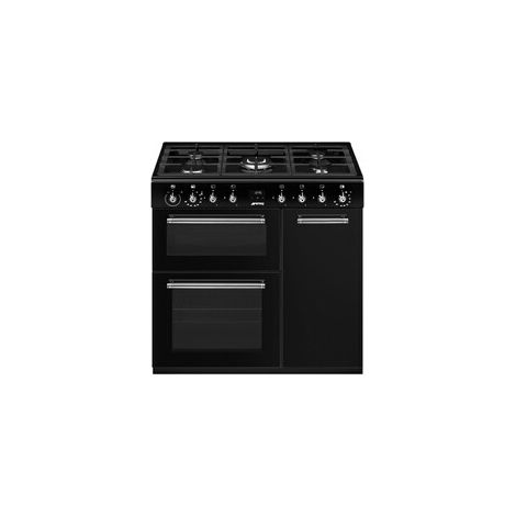 Smeg – Cuisinière dual fuel 90 cm – 5 foyers gaz – 3 fours chaleur tournante – Puissance 11 400 W – Design noir brillant (1/5)