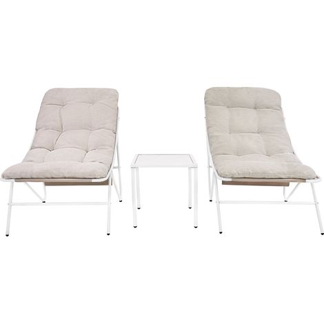 Conjunto de Jardín 3 Piezas Crema con 2 Sillones Lounge, Cojines Gruesos de 10 cm, Mesa Auxiliar, Estructura de Acero y Funda para Terraza, Patio y Balcón