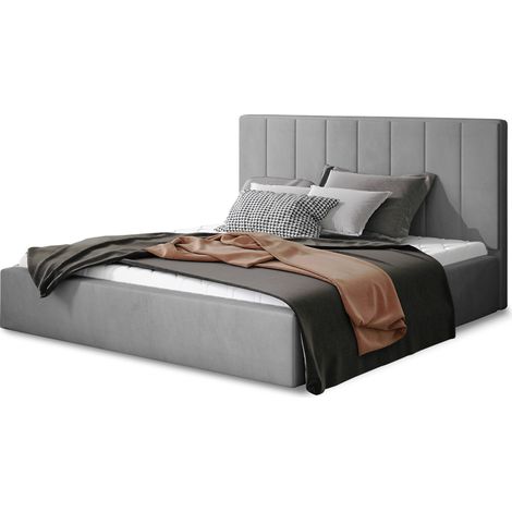 Lit adulte avec sommier Vareza – Velours matelassé avec sommier-Gris-180x200-Version avec sommier (1/5)