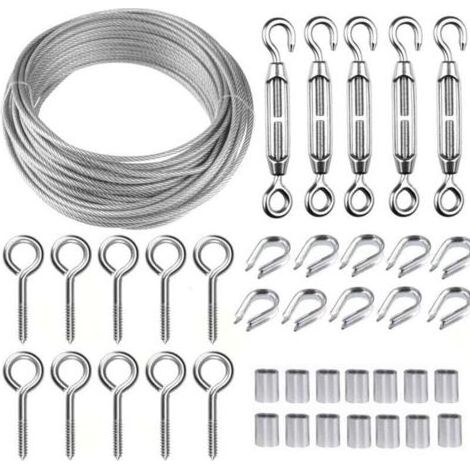 ALLIANDISKit de câble métallique en acier inoxydable de 30 m/2 mm avec tendeur de fil robuste M5, kit de rouleau de fil de clôture, kit de garde-corps de câble, tendeurs de fil de jardin pour plantes (1/4)