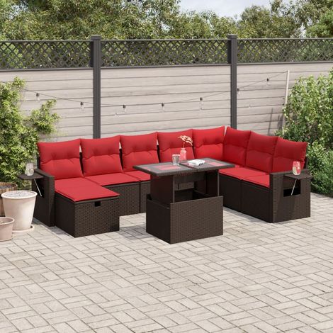 9-teiliges Gartensofa-Set mit Kissen, braun, Polyrattan (1/5)