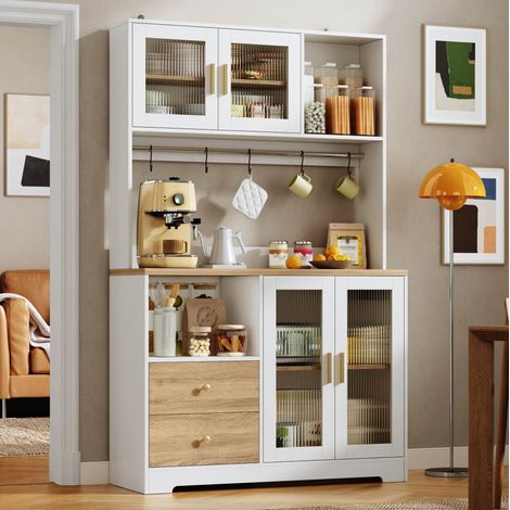 Meuble de cuisine 110 x 40 x 178 cm avec LED, prises USB, MDF blanc et bois DESVIAE (1/5)