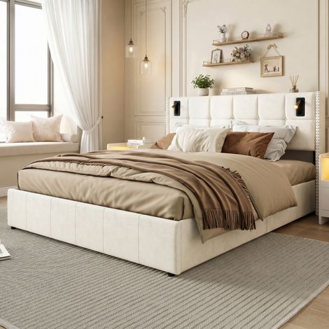 Lit coffre 140x200 cm - LED - hydraulique - Lit double 140x200cm - tissu en velours - Beige (1/5)