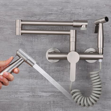 Mitigeur Cuisine 304 Inox Encastré Pistolet Plieur Anti-Éclaboussures Robinet Mural Multifonction (1/5)