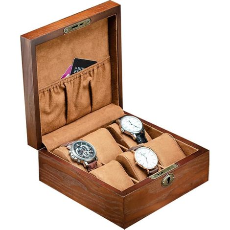 Boîte de Rangement pour Montres Marron avec 6 Emplacements et Serrure, Coffret Carré en Plastique Élégant pour Usage Personnel ou Professionnel (1/5)