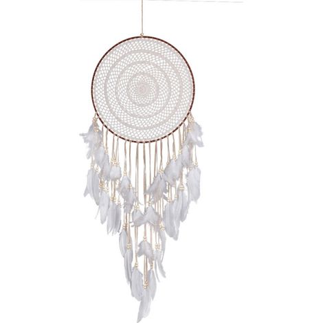 Grand attrape-rêves de style bohème, orné de plumes blanches, tissé à la main, idéal pour un mariage vintage ou une décoration intérieure. Diamètre : 35 cm, longueur : 115 cm, blanc. (1/5)