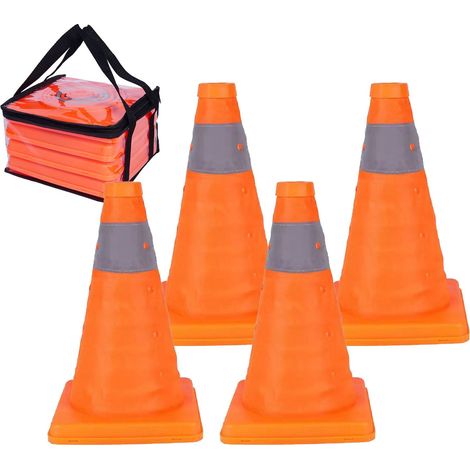 Relaxdays Traffic Cones, set of 4, foldable safety cones, reflective strips, HxWxD: 30 x 19 x 19 cm, orange/silver