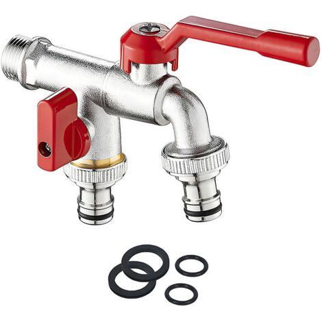Doppelter Gartenwasserhahn – 3/4"-Messing-Wasserhahn, Außenwandhahn mit 2 x 3/4"-Auslässen für Garten, Waschmaschine, Regentonne, rostfrei und frostbeständig (1/5)