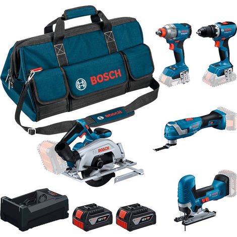 Bosch – Pack de 5 outils électroportatifs 18V – Perceuse-visseuse, clé à chocs, scie circulaire, outil multifonction, scie sauteuse – 2 batteries 5,0Ah et sac