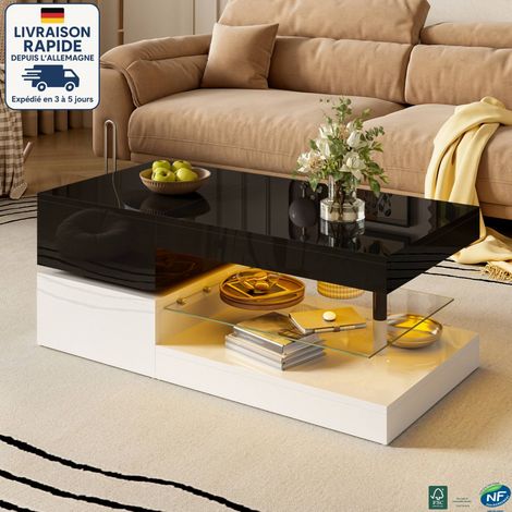 MODFU Mesa de centro rectangular LED con espacio de almacenamiento, 1 estante de vidrio, mesa auxiliar para sofá, ideal para sala de estar/dormitorio, color negro (1/5)