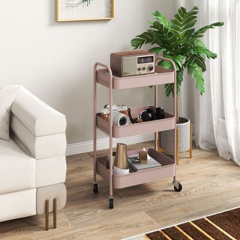 Chariot Rangement Paniers Cadre Salon Chambre Bureau Cuisine Mobilier Intérieur Acier Rose 45x30,6x79cm