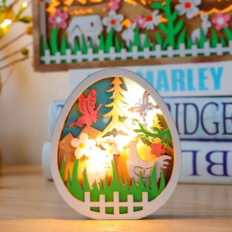 Lampe Veilleuse Œuf De Pâques - En Bois - Design Papillon - Décoration De Printemps - 1 Pièce (1/5)