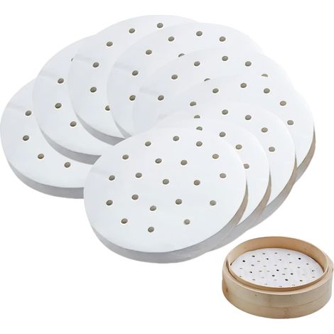 200 Stück 20 cm perforiertes Bambuspapier zum Dämpfen und Garen, 10 Zoll antihaftbeschichtetes Backpapier als Dim-Sum-Papier, Heißluftfritteuse (1/5)