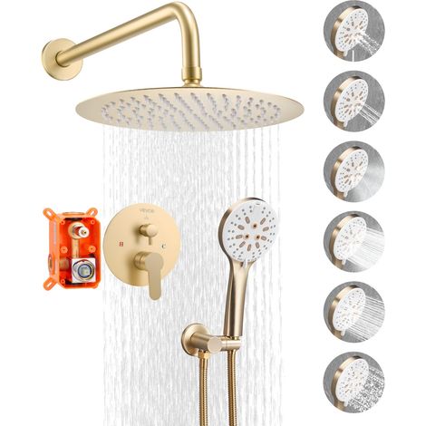 Ensemble de Robinetterie de Douche Encastrable, Système de Douche de Pluie avec Pommeau de Tête Rond de 25,4 cm, Douchette à Main et Kit de Garniture, Fixation Murale, Salle de Bain, Or Brossé (1/5)