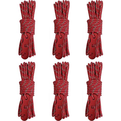 Corde de haubanage réfléchissante de 4 m en paracorde avec tendeur pour tente, bâche, camping (rouge, lot de 6)