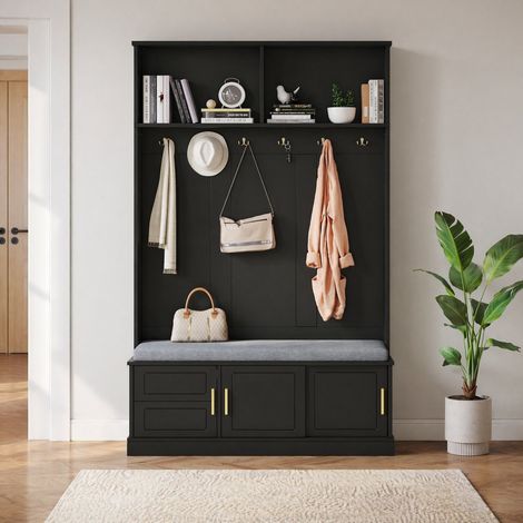 Garderobenständer (120x40x191 cm), mit Schuhbank, 6 Haken, offene Ablage, Spanplatte, Schwarz (1/5)