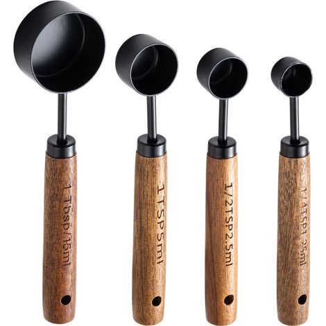 Lot de 4 cuillères doseuses à café avec manche en bois, cuillères doseuses en métal noir 15 ml, 5 ml, 2,5 ml, 1,25 ml pour café, pâtisserie et épices (1/5)