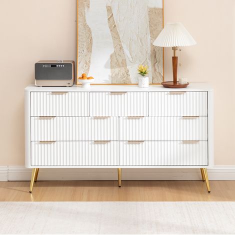 Cómoda de 7 cajones 120x40x76 cm blanca en MDF con cierre suave, tiradores metálicos y sistema antivuelco (1/5)