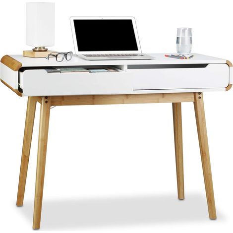 Bureau avec tiroirs en bois table ordinateur coiffeuse table maquillage coins arrondis bureau enfant HxlxP: 73 x 100 x 45 cm, blanc (1/5)