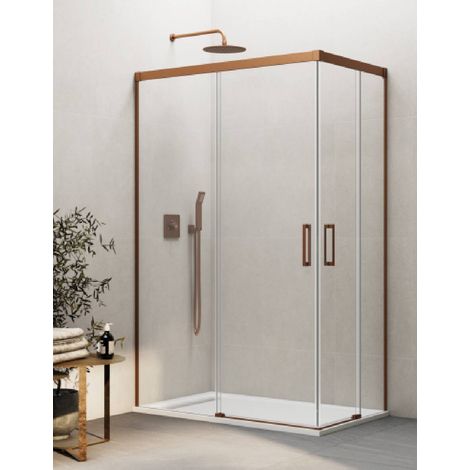 BASIC corner entry shower enclosure with two sliding doors and two fixed panels, 80x80 cm, clear glass, copper finish (1/5)