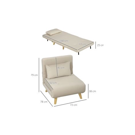 Fauteuil convertible, fauteuil pliable avec fonction lit, coussin décoratif, fauteuil relax pliable avec dossier réglable aspect velours, pour salon, beige (1/5)