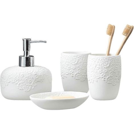 Ensemble d'accessoires de salle de bain, motif en relief en céramique blanche, 4 pièces pour la maison et l'hôtel (1/5)