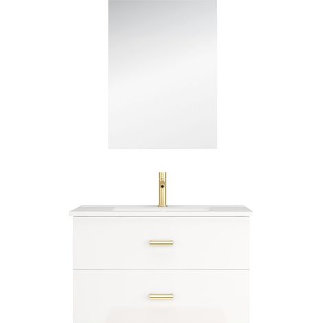 meuble salle de bains 80 cm laqué blanc et or doré à tiroirs avec vasque céramique et miroir — vue 3